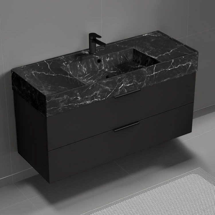 Nameeks DERIN935 Modern Bathroom Vanity With Black Marble Design Sink, Wall Mount, 48 Inch, Matte Black